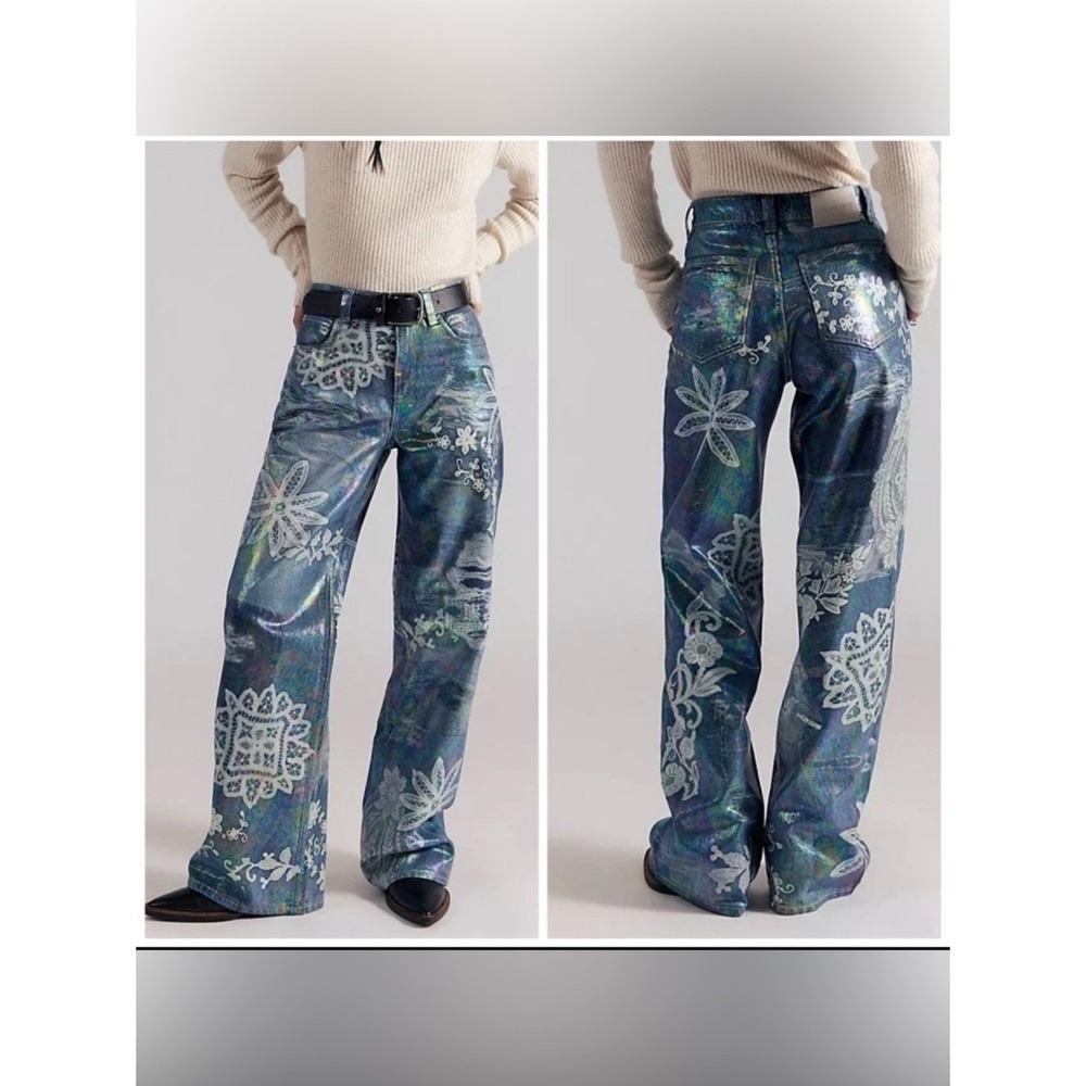 Free People Tinsley Printed High Rise Illusions Jeans Floral Sz 27